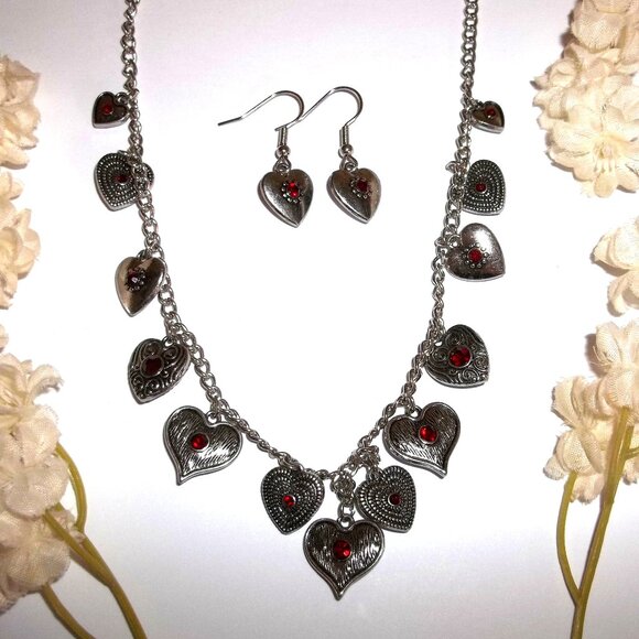 Fashion Jewelry Jewelry - Short Heart Necklace & Earring Ruby Red Rhinestone Silver Costume Jewelry C737